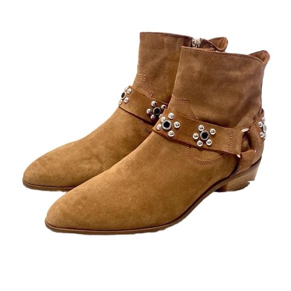 Rebecca Minkoff stella suede cognac stud ankle boots size 8 western, comfy - Picture 1 of 10